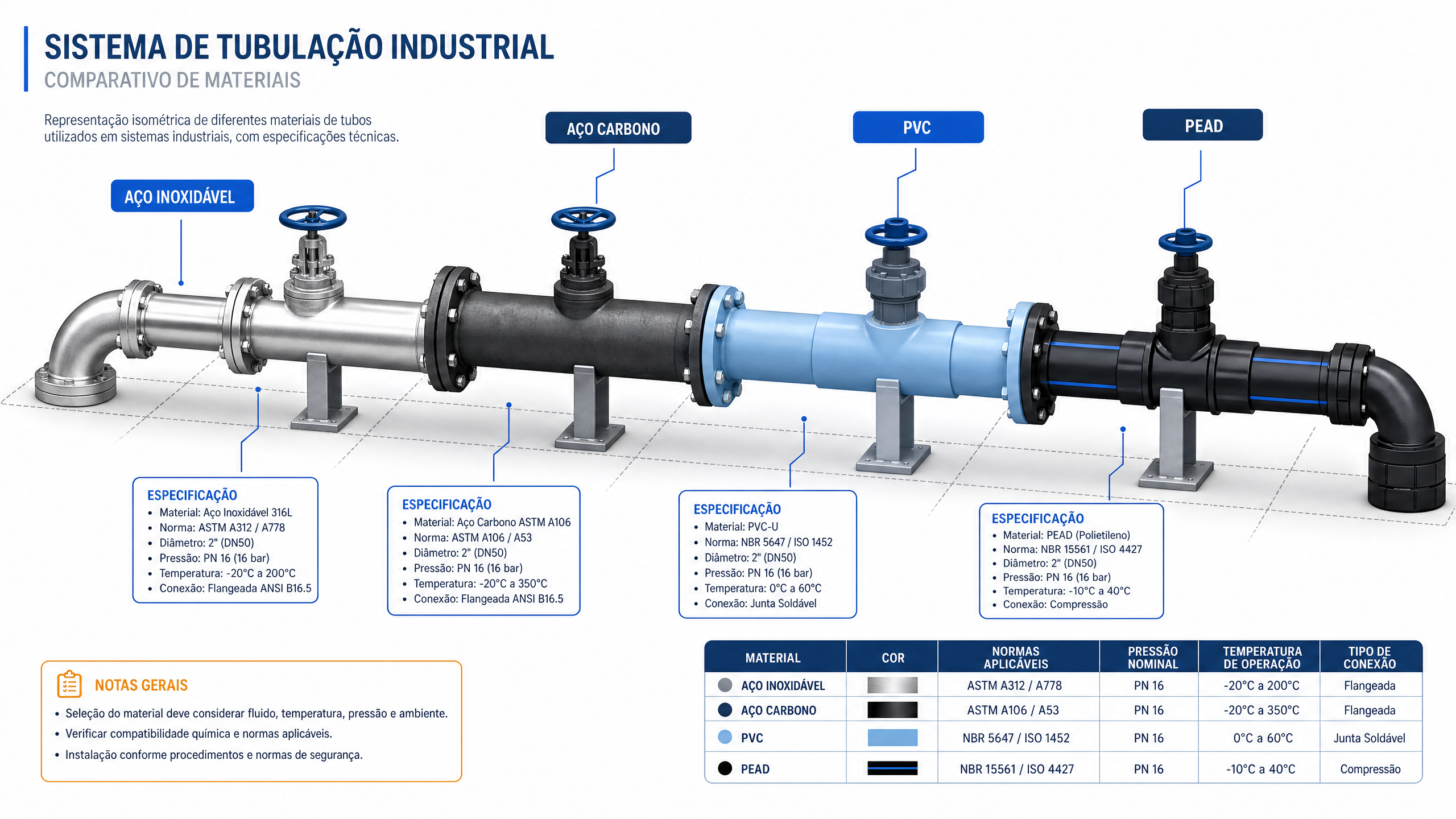 Sistema de tubulação industrial com diferentes materiais: aço inox, aço carbono, PVC e PEAD