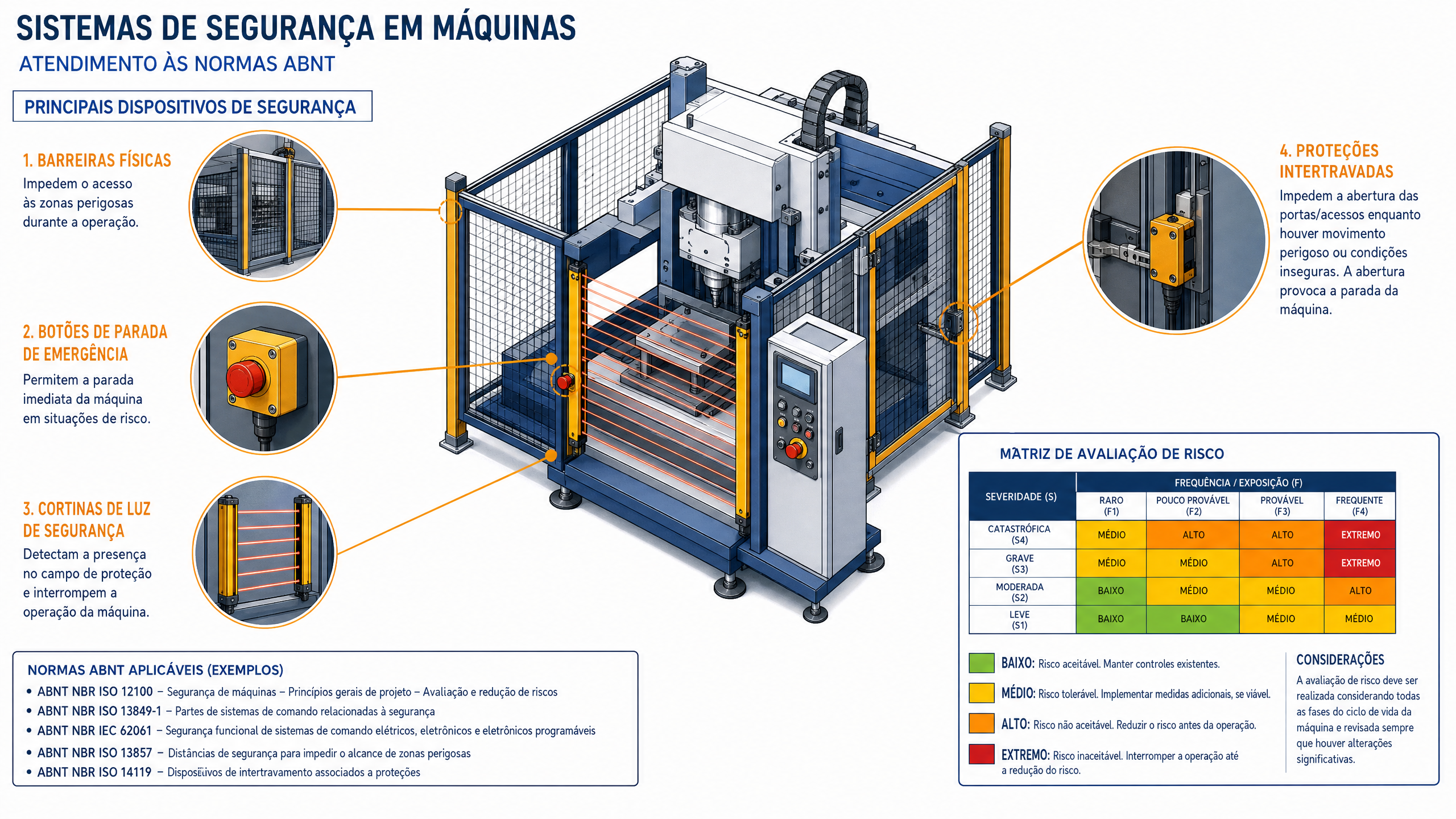 Máquina industrial com sistemas de proteção: barreiras físicas, botões de emergência e cortinas de luz