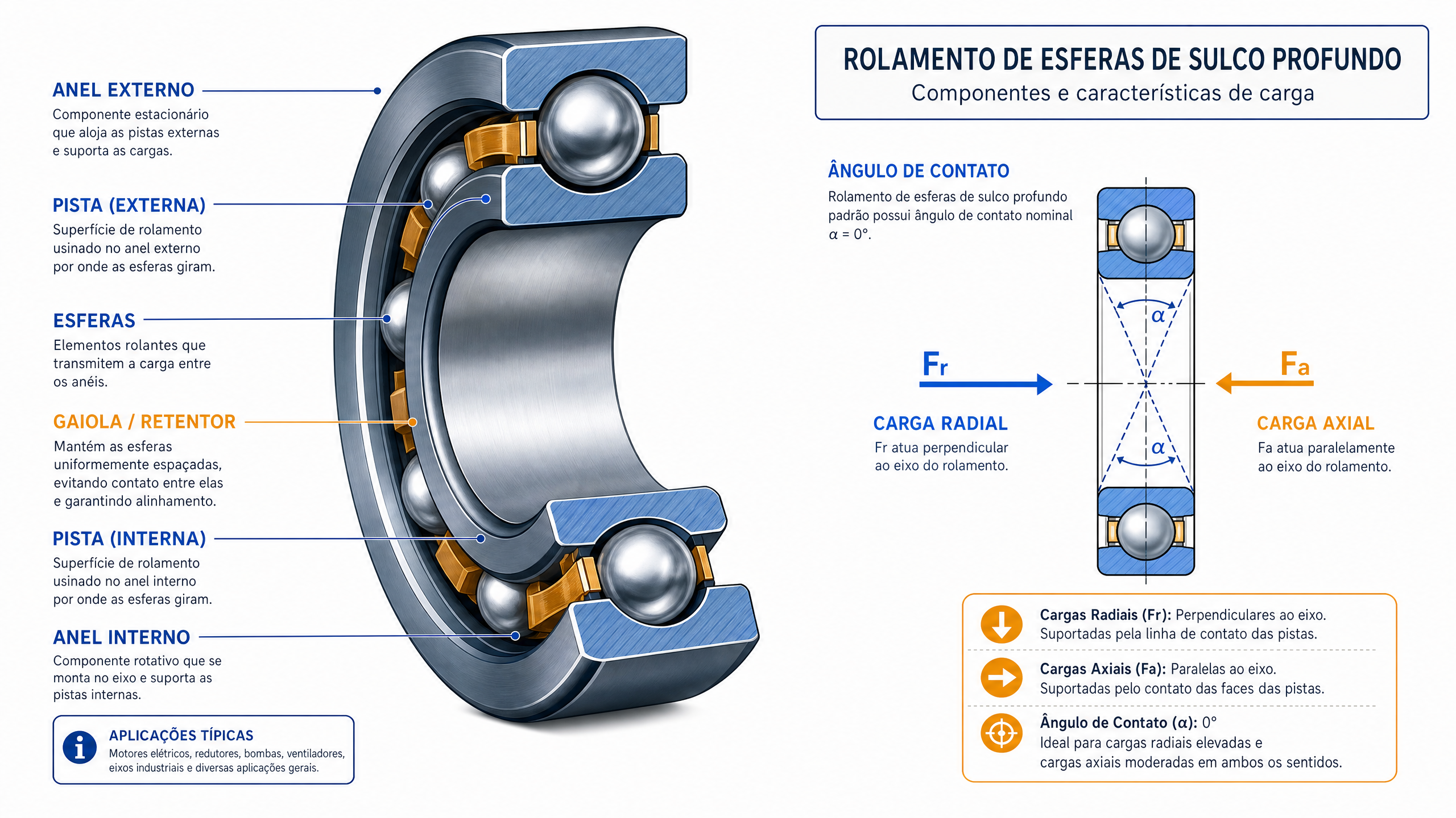 Corte transversal de rolamento de esferas de sulco profundo com componentes identificados