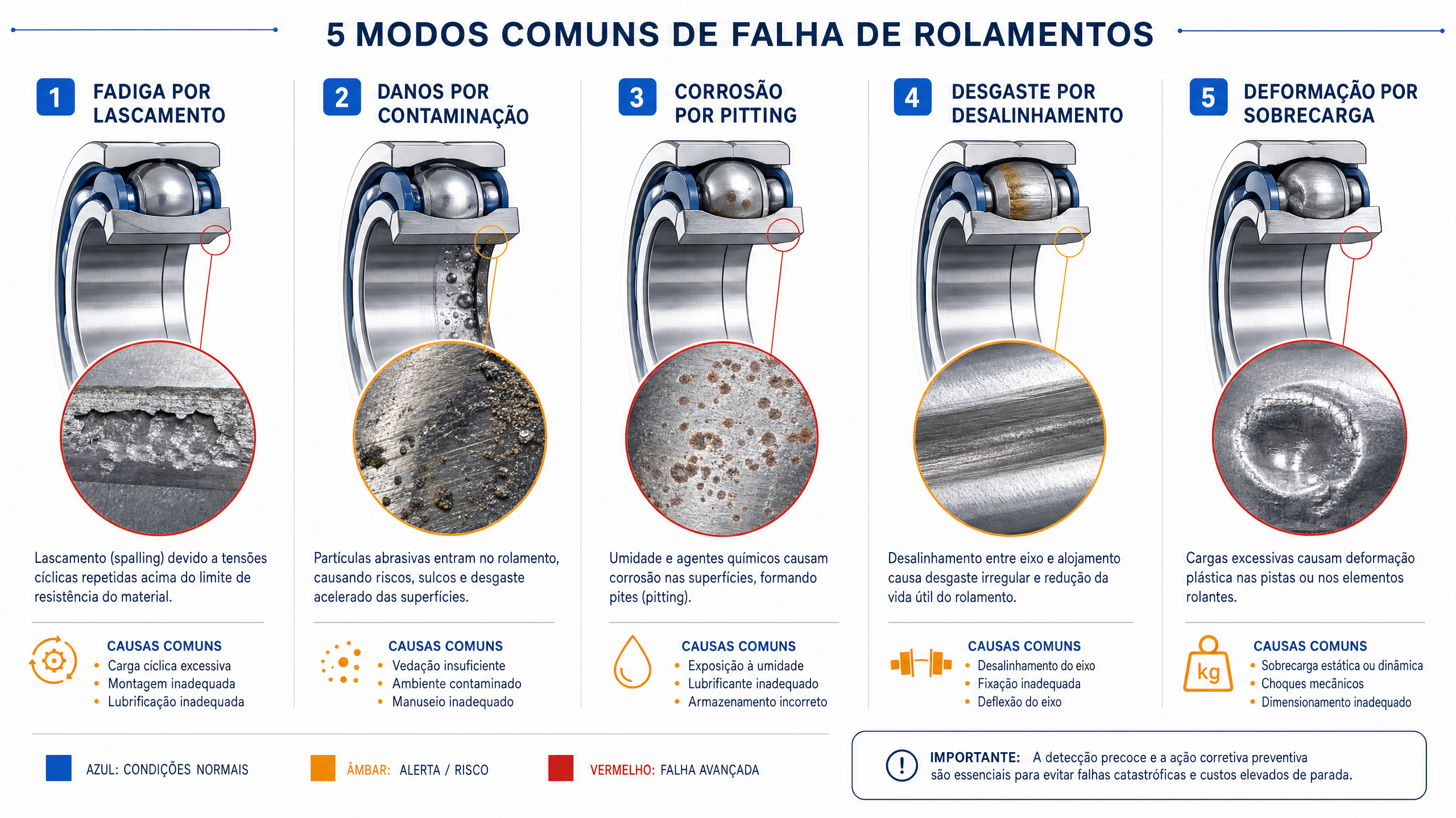 5 modos de falha de rolamentos: fadiga, contaminação, corrosão, desalinhamento e sobrecarga